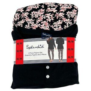 Splendid Women's Black & Pink Floral Print Pyjama Set: 2 Pieces / Size Medium